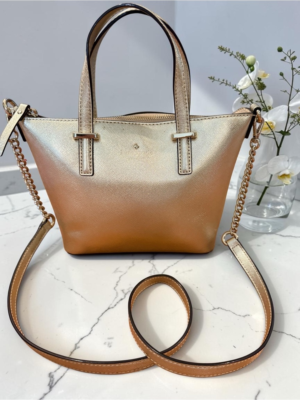 Kate Spade Cedar Street Mini Harmony Metallic Gold Saffiano Leather Bag NWOT